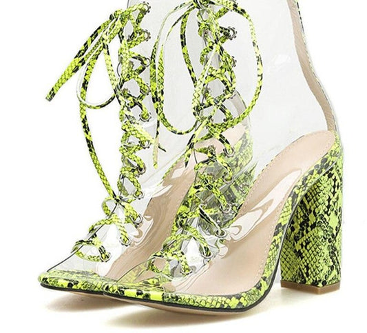 PVC Transparent Snake Print Peep Ankle Boots