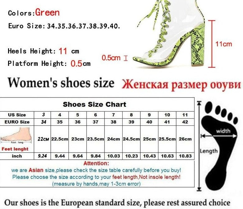 PVC Transparent Snake Print Peep Ankle Boots