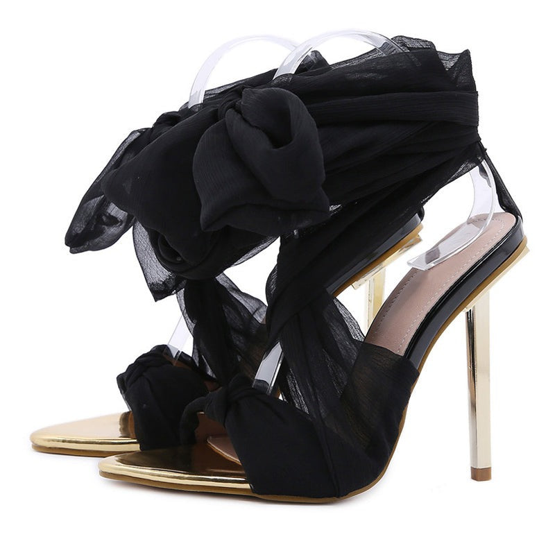 Fabric Tie Peep Toe High Heels