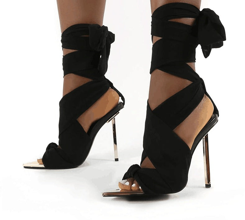 Fabric Tie Peep Toe High Heels