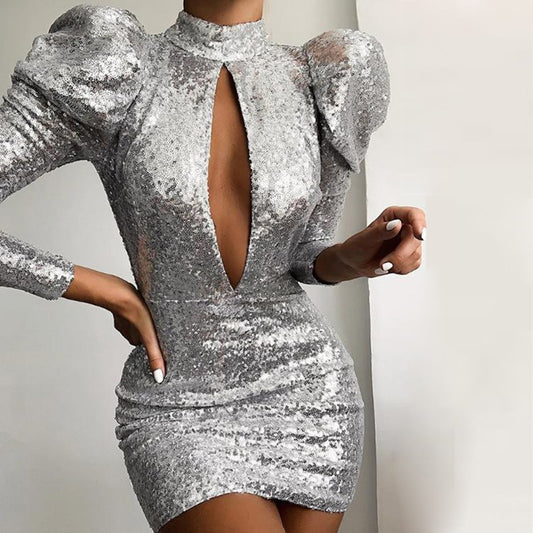 Puff Sleeve Hollow Out Sequin Bodycon Mini Dresses