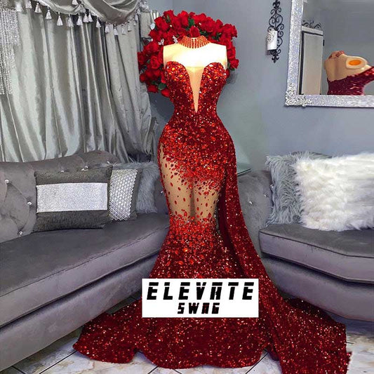 Crystal Rubies Sequin Mesh Mermaid Floor-length Dresses