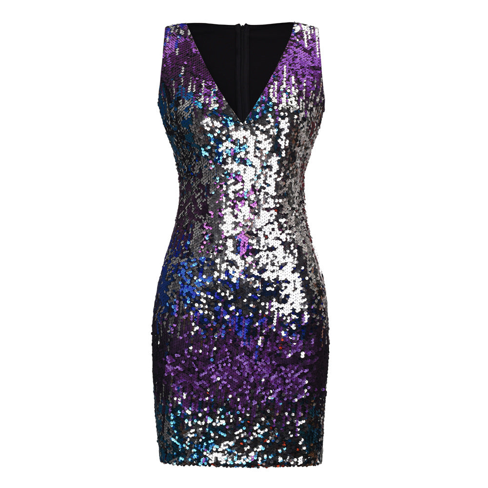 Sequin Sleeveless V Neck Mini Dresses