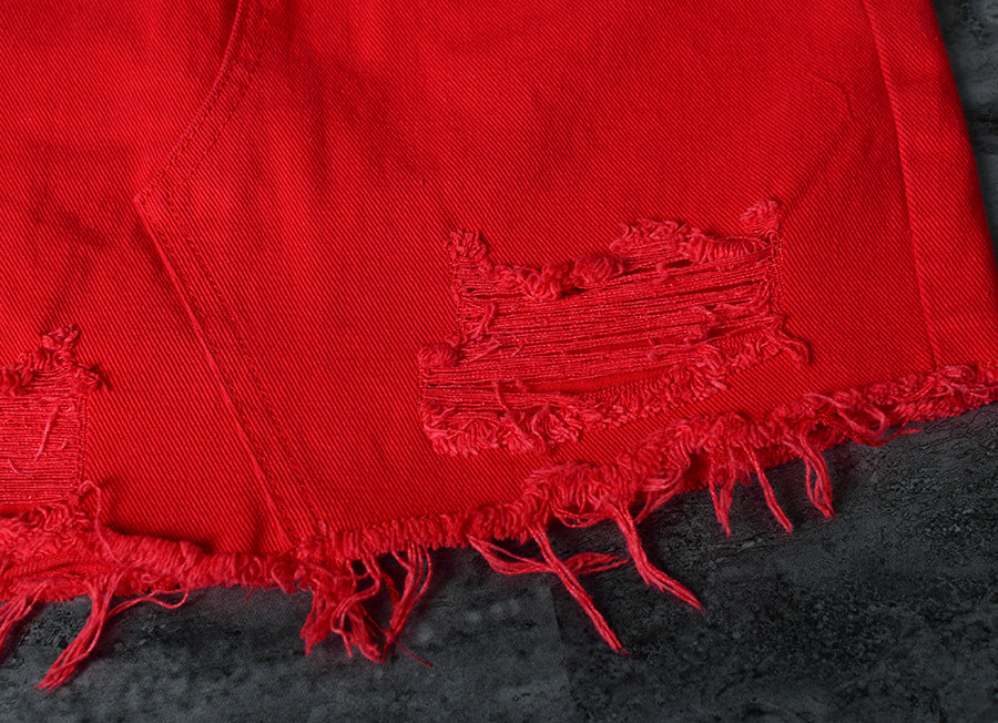 Red High Waist Ripped Denim Skirts
