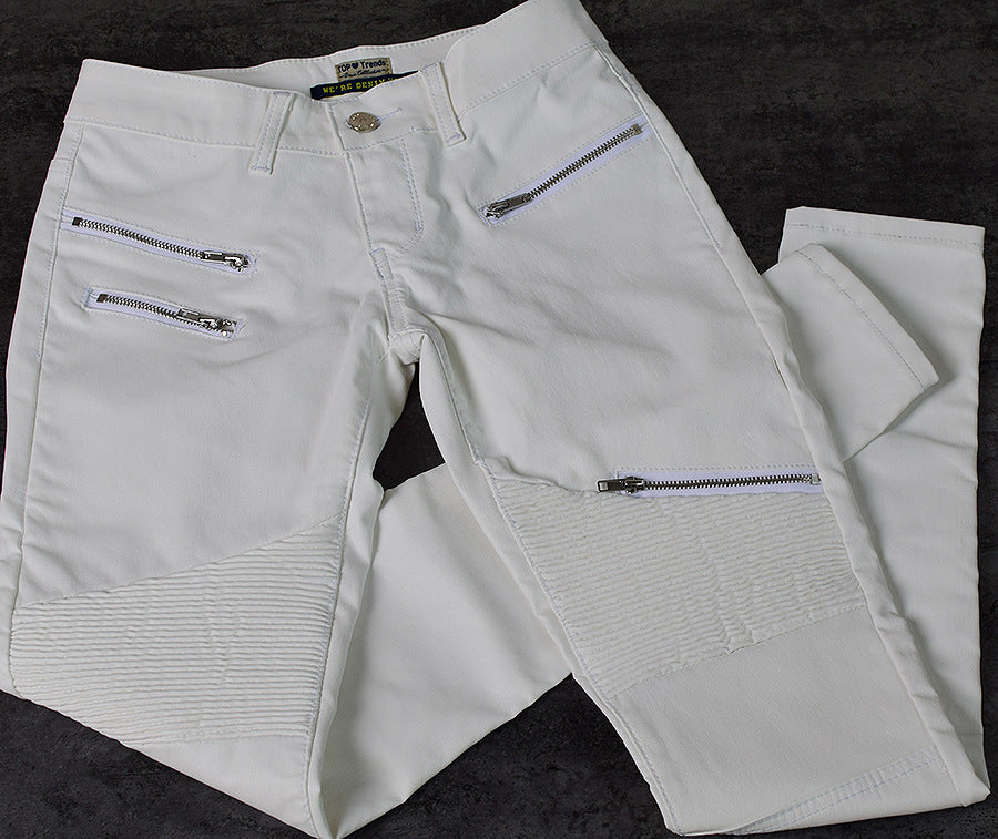 White Moto PU Leather Zippers, Low Waist Pants