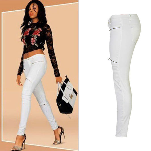 White Moto PU Leather Zippers, Low Waist Pants
