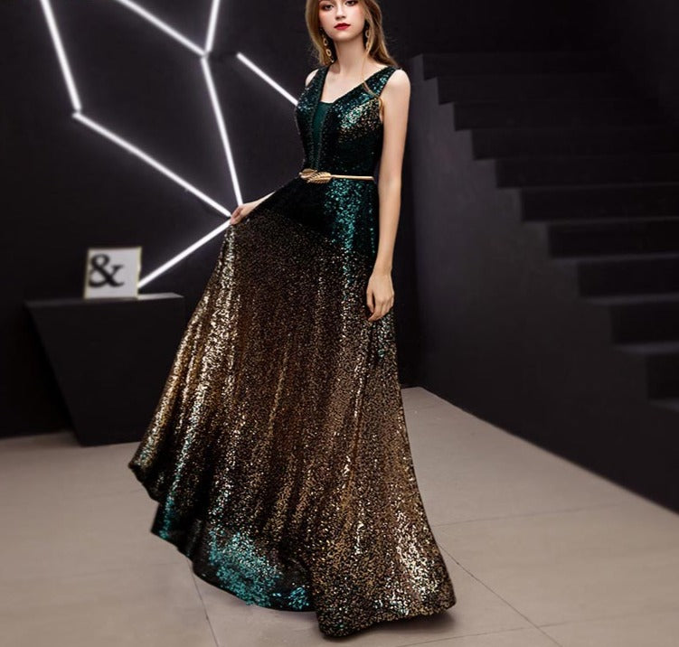 Sequin Multicolor V-neck Evening Dresses