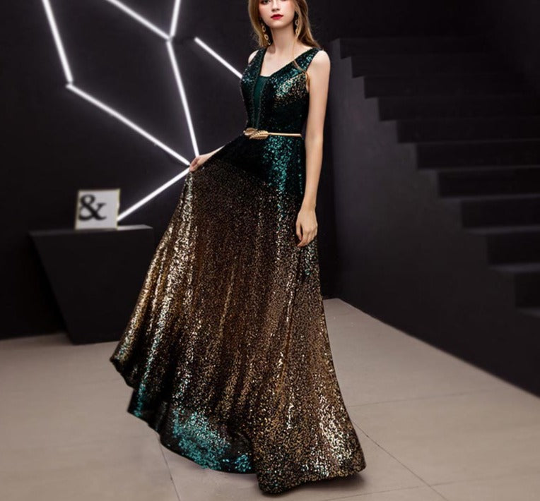 Sequin Multicolor V-neck Evening Dresses