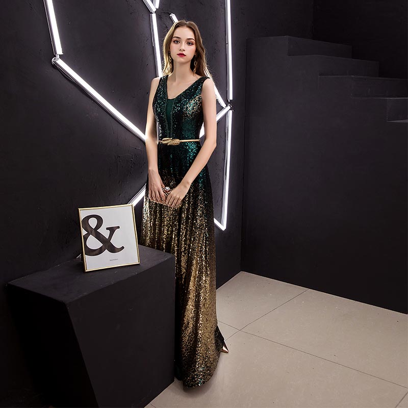 Sequin Multicolor V-neck Evening Dresses