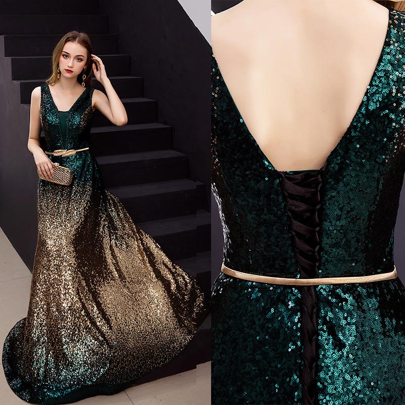 Sequin Multicolor V-neck Evening Dresses
