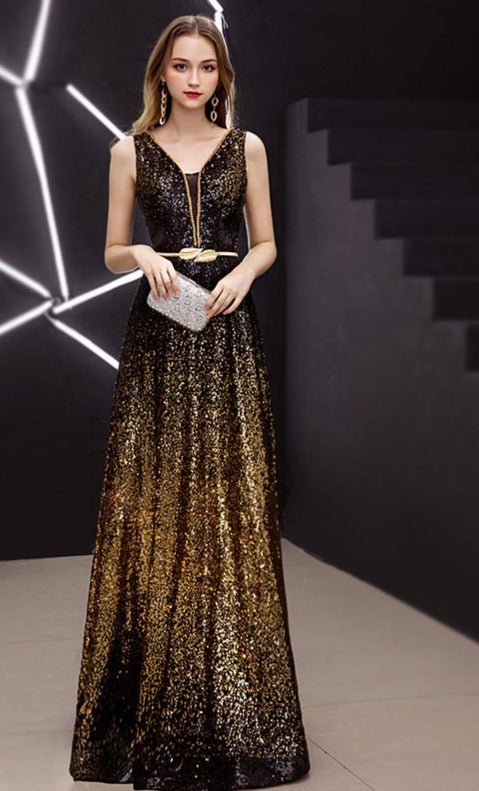 Sequin Multicolor V-neck Evening Dresses