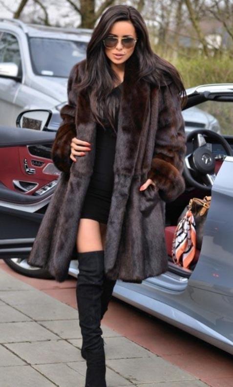 Dark Coffee Real Mink Fur Turn-down Collar Thick Cuff Coat