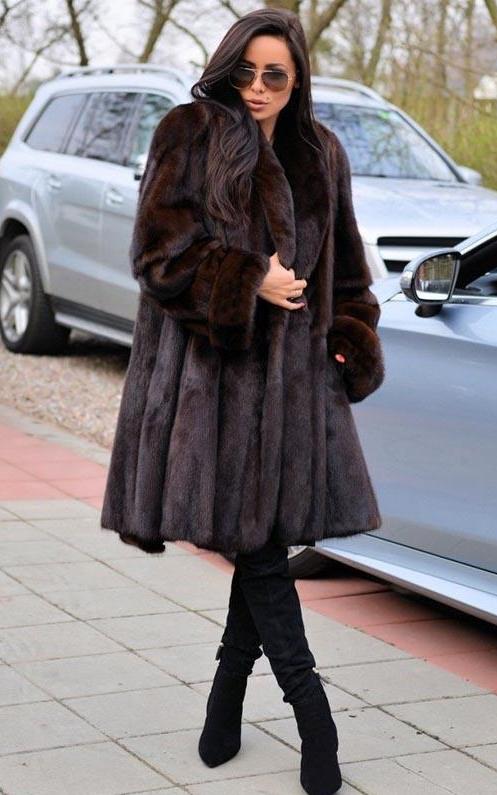 Dark Coffee Real Mink Fur Turn-down Collar Thick Cuff Coat