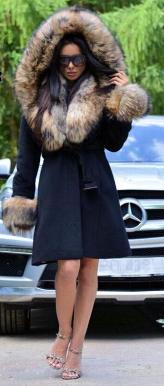 Thick Real Fur Collar Hood and Cuffs Black Long Coat