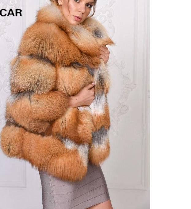Real Gold Red Fox Fur With Mandarin Fur Collar Thick Warm Coat