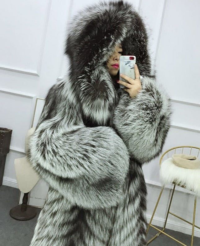 Genuine Silver Fox Hooded X-Long Coats