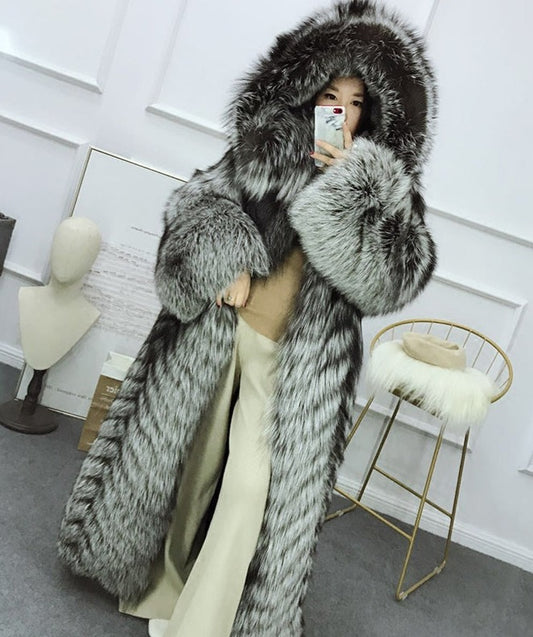 Genuine Silver Fox Hooded X-Long Coats