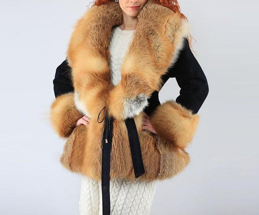 Real Rex Rabbit Fur Jacket With Gold Fox Fur Collar Coat