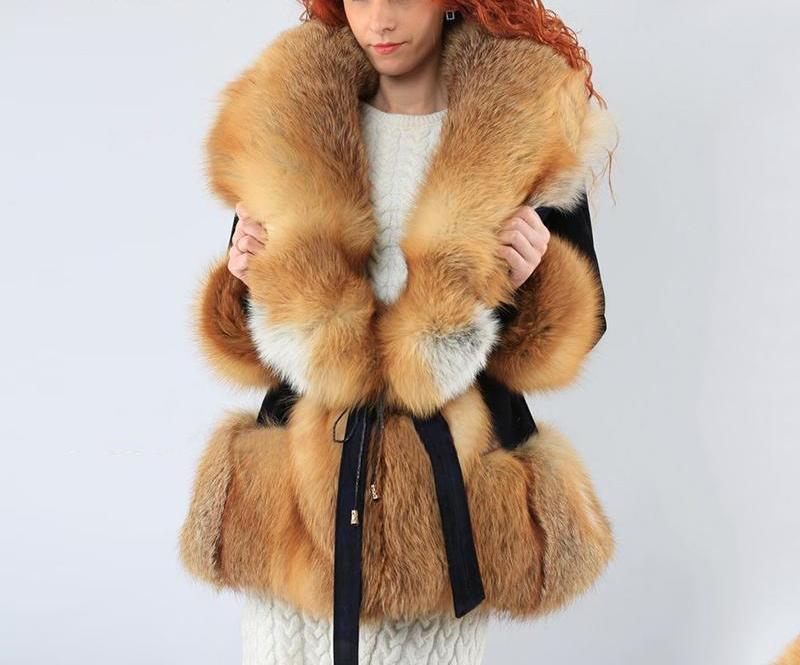 Real Rex Rabbit Fur Jacket With Gold Fox Fur Collar Coat