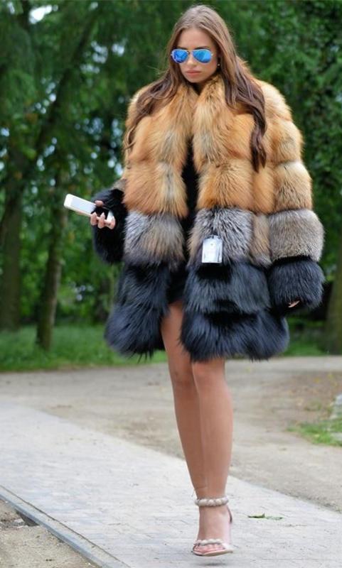 Thick Gold Grey Black Real Fox Fur Long Coat