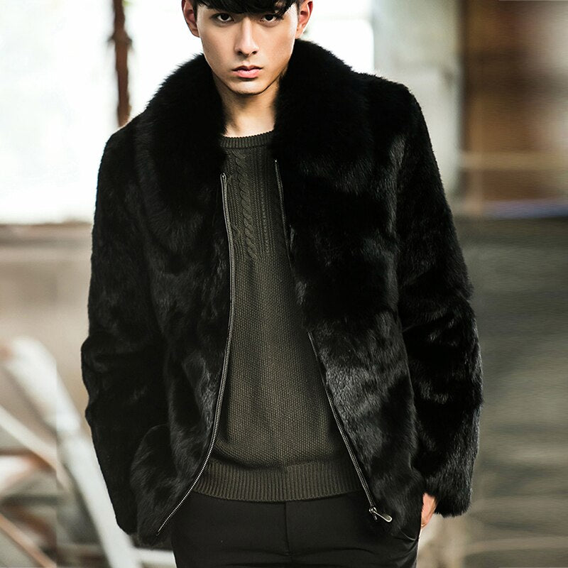 Natural Black Short Rex Rabbit Fur With Fox Fur Collar/Hood