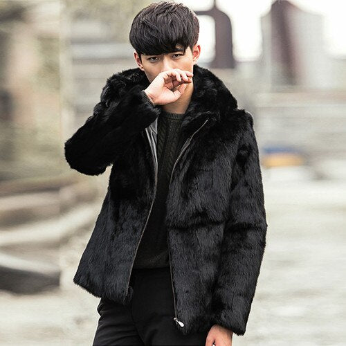 Natural Black Short Rex Rabbit Fur With Fox Fur Collar/Hood