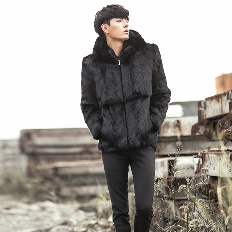 Natural Black Short Rex Rabbit Fur With Fox Fur Collar/Hood
