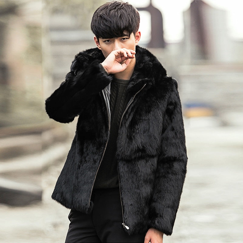 Natural Black Short Rex Rabbit Fur With Fox Fur Collar/Hood