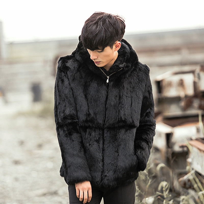 Natural Black Short Rex Rabbit Fur With Fox Fur Collar/Hood