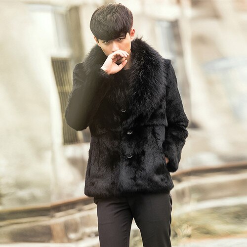 Natural Black Short Rex Rabbit Fur With Fox Fur Collar/Hood