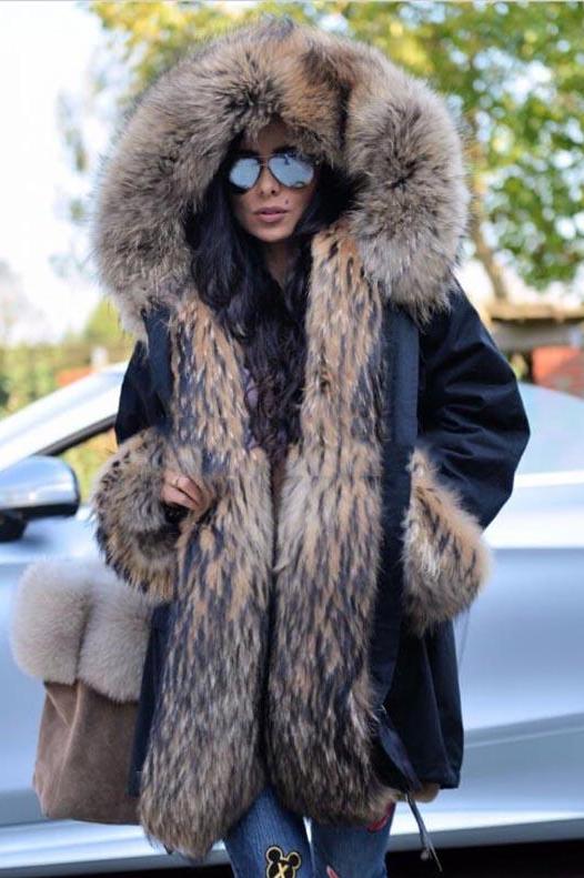 Black Full Pelt Real Fur Collar Parka Long Coat