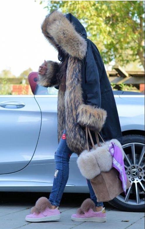 Black Full Pelt Real Fur Collar Parka Long Coat