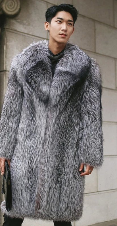 Real Natural Silver Fox Fur With Thick Fur Collar Long Overcoat