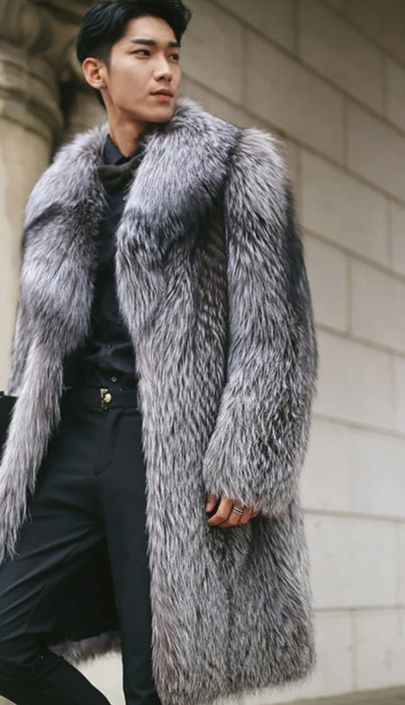 Real Natural Silver Fox Fur With Thick Fur Collar Long Overcoat