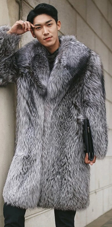 Real Natural Silver Fox Fur With Thick Fur Collar Long Overcoat