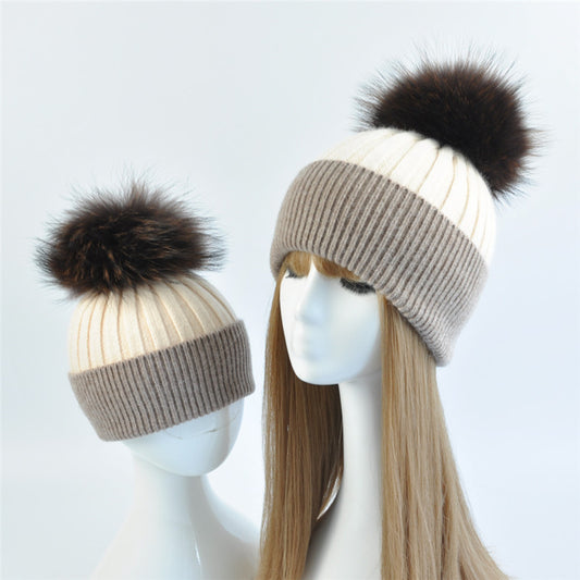 Matching Baby and Parent Real Fur Pompom Knitted Beanies