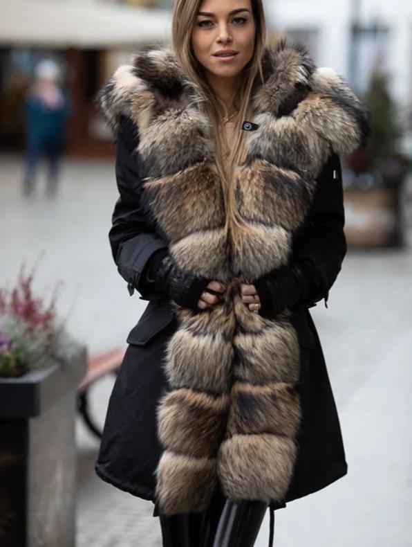 Real Red Fox Fur Parkas Rabbit Fur Liner Long Waterproof Coat