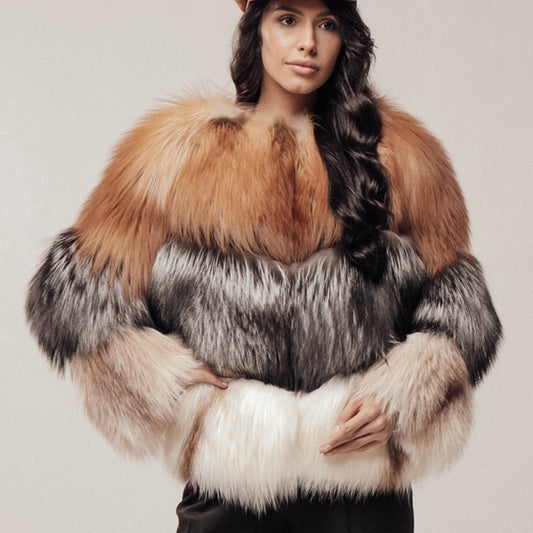 Real Red Fox Fur Full Pelt Patchwork Short Coats