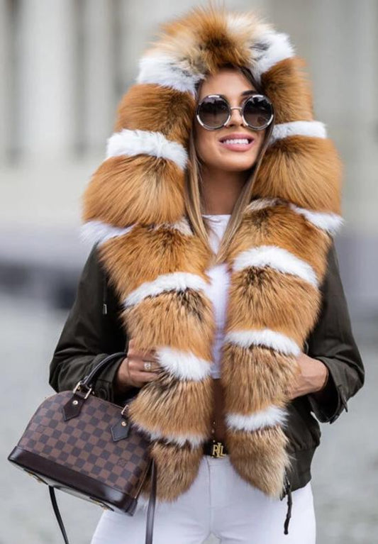 Real Red Fox Fur Parkas Short Waterproof Coat