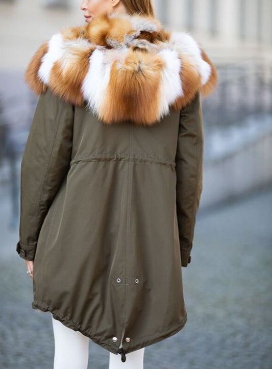 Real Red Fox Fur Parkas Long Waterproof Coat