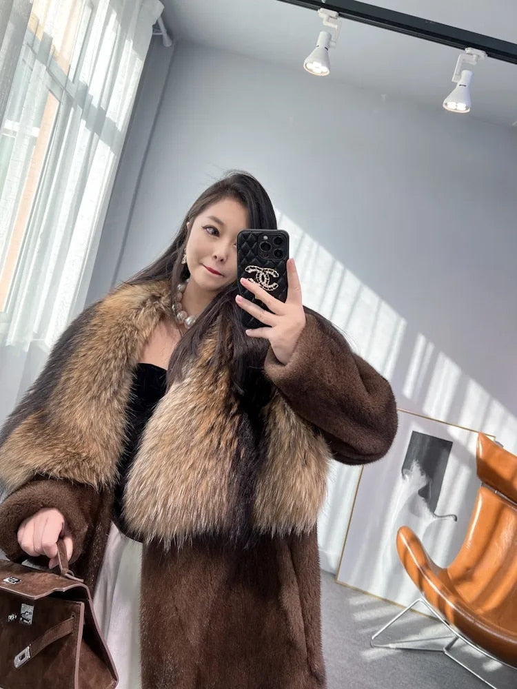 Luxury Real Mink Fur Coat Huge Fox Fur Collar