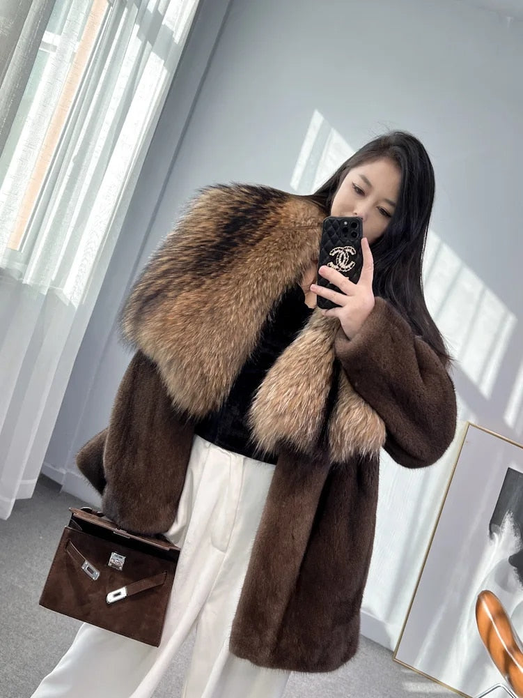 Luxury Real Mink Fur Coat Huge Fox Fur Collar