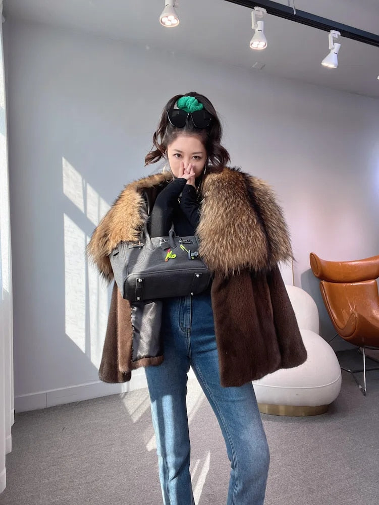 Luxury Real Mink Fur Coat Huge Fox Fur Collar