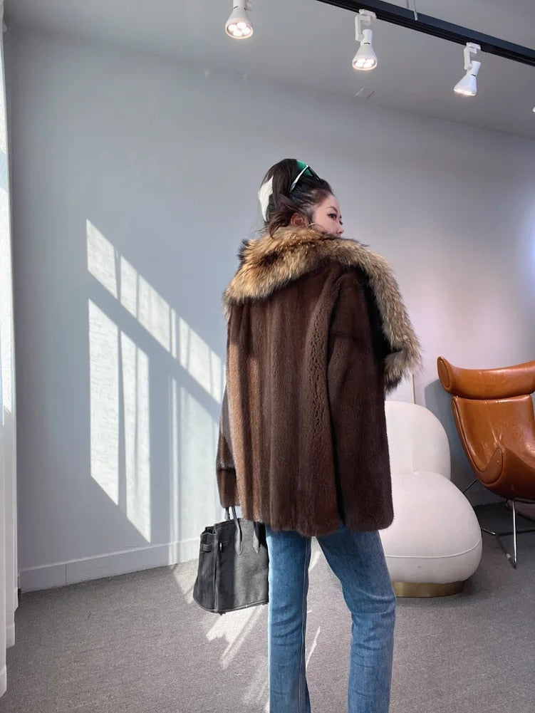 Luxury Real Mink Fur Coat Huge Fox Fur Collar