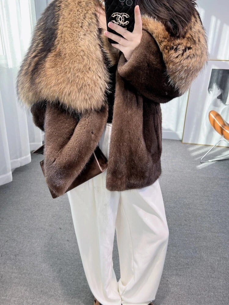 Luxury Real Mink Fur Coat Huge Fox Fur Collar