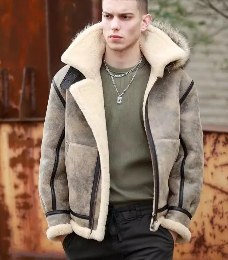 Genuine Leather Hooded Wool Lining Real Fur Coat