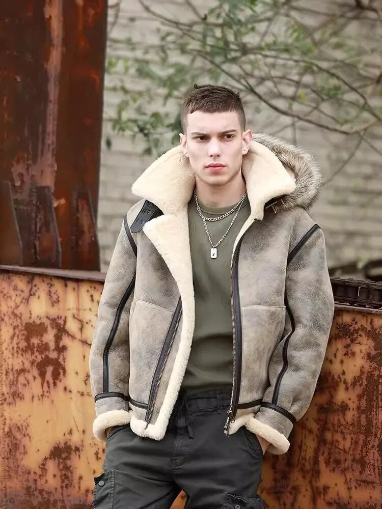 Genuine Leather Hooded Wool Lining Real Fur Coat