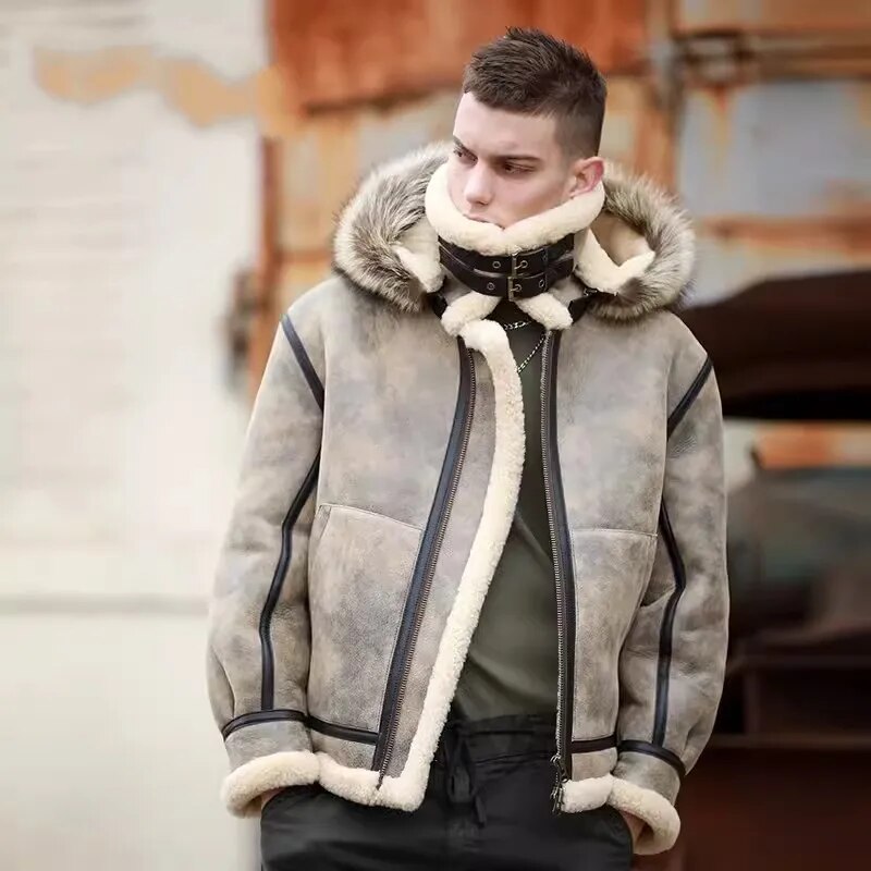 Genuine Leather Hooded Wool Lining Real Fur Coat