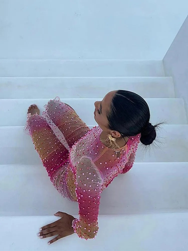 Pink Mesh Pearl O Neck Long Sleeve Dress