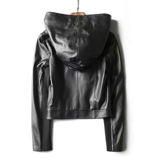 GENUINE LEATHER Big Hood Crop Jacket